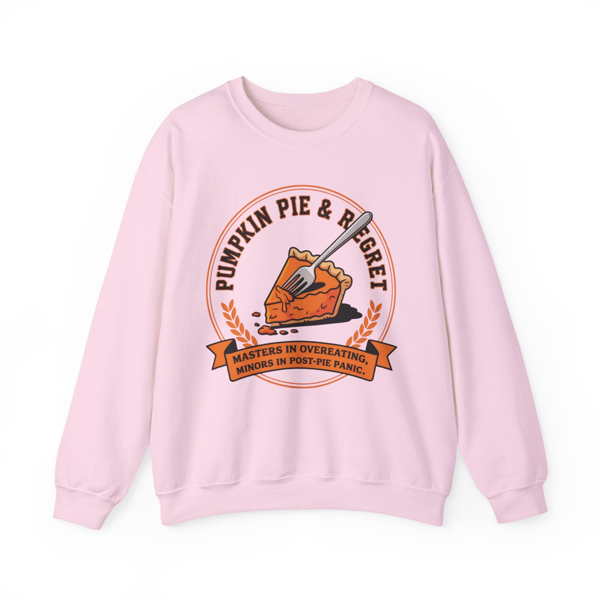 Light Pink sweatshirt with pumpkin pie graphic and text on a white background
