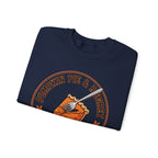 Folded Navy blue sweatshirt with pumpkin pie and regret graphic on a white background