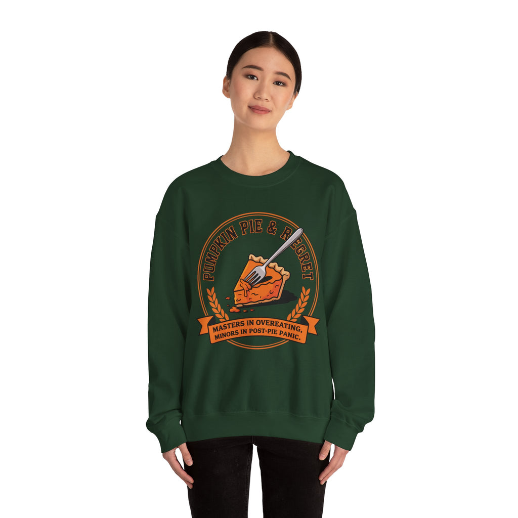 Person wearing a Forest Green sweatshirt with a pumpkin pie graphic and text on a white background