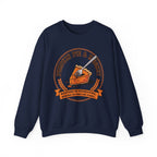 Navy blue sweatshirt with pumpkin pie graphic and text on a white background