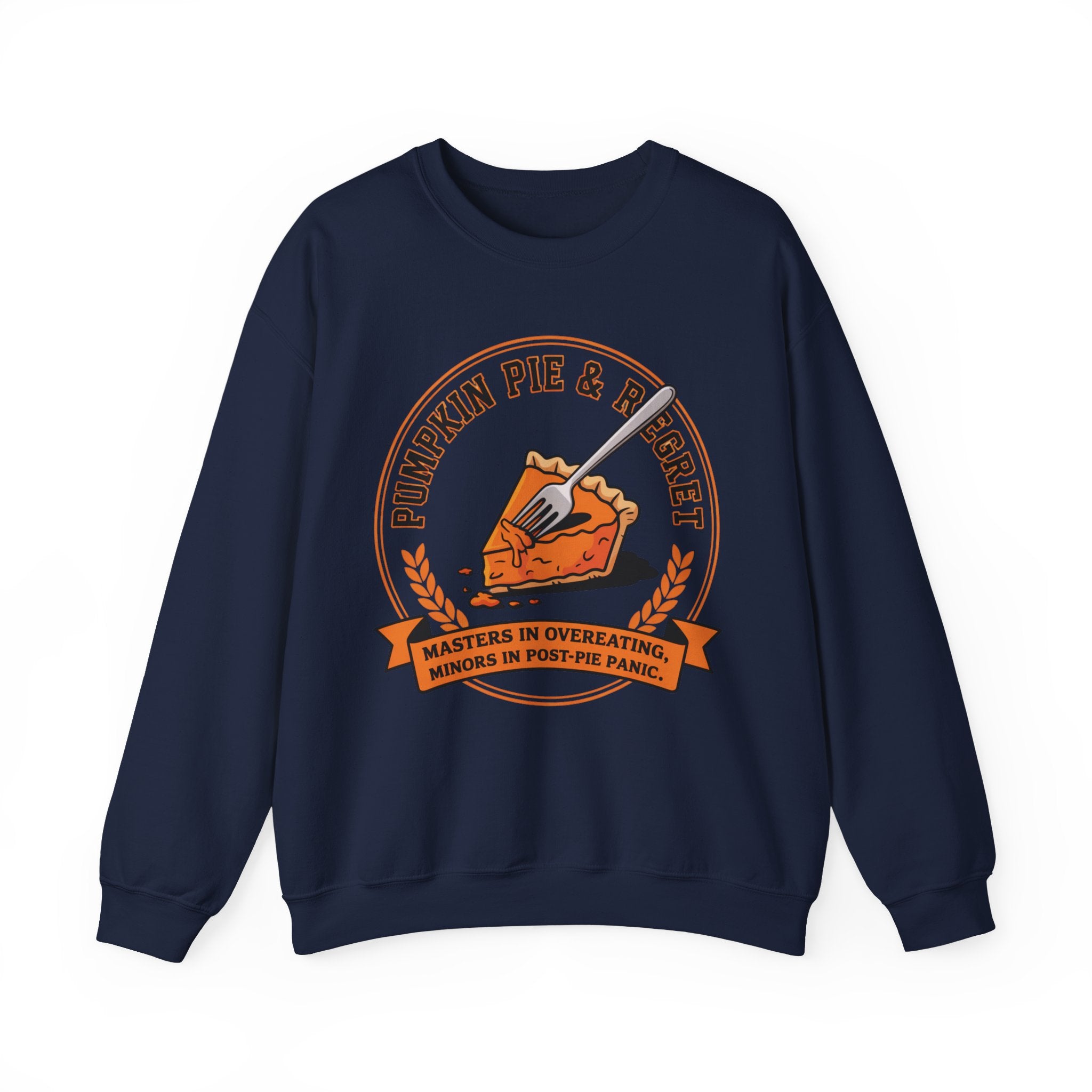 Navy blue sweatshirt with pumpkin pie graphic and text on a white background