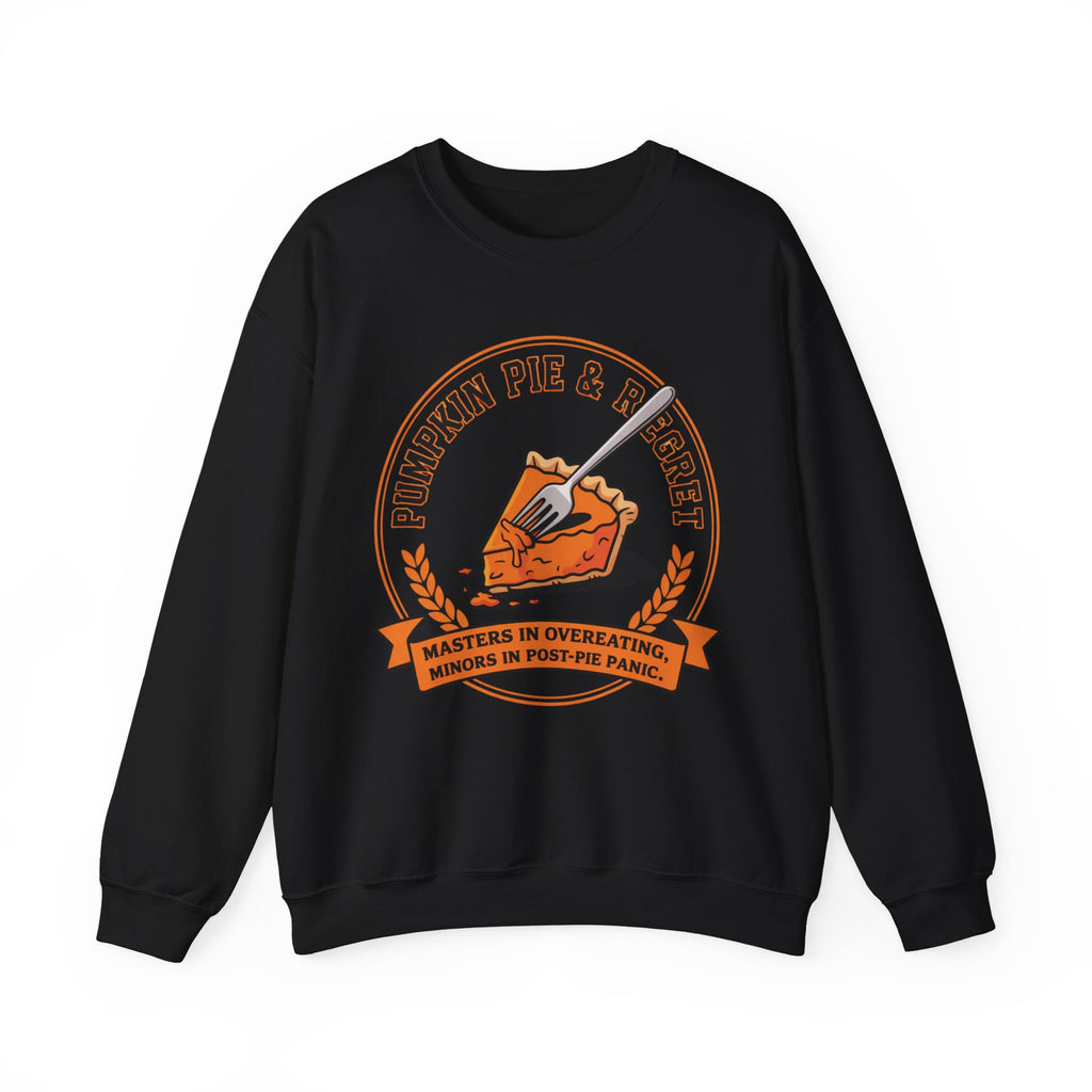 Black sweatshirt with pumpkin pie graphic and text on a white background