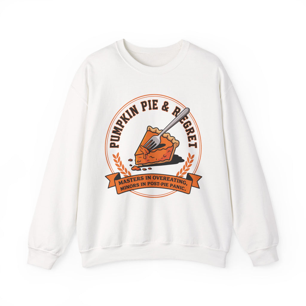 White sweatshirt with pumpkin pie graphic and text on a white background
