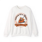 White sweatshirt with pumpkin pie graphic and text on a white background