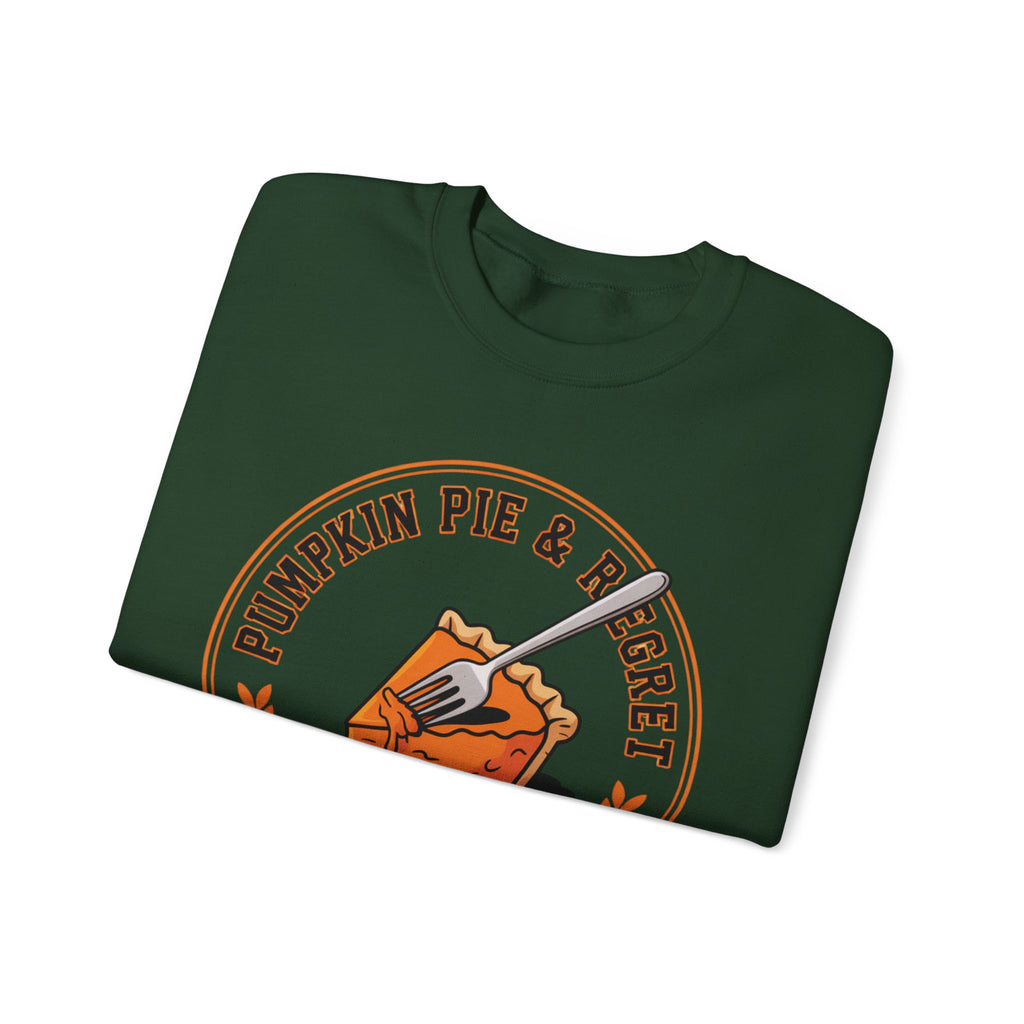 Folded Forest Green t-shirt with pumpkin pie and regret graphic on a white background