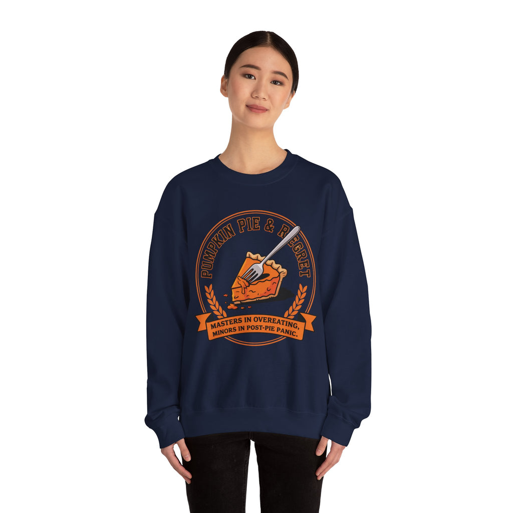 Person wearing a Navy blue sweatshirt with a pumpkin pie graphic and text on a white background