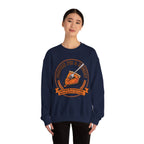 Person wearing a Navy blue sweatshirt with a pumpkin pie graphic and text on a white background
