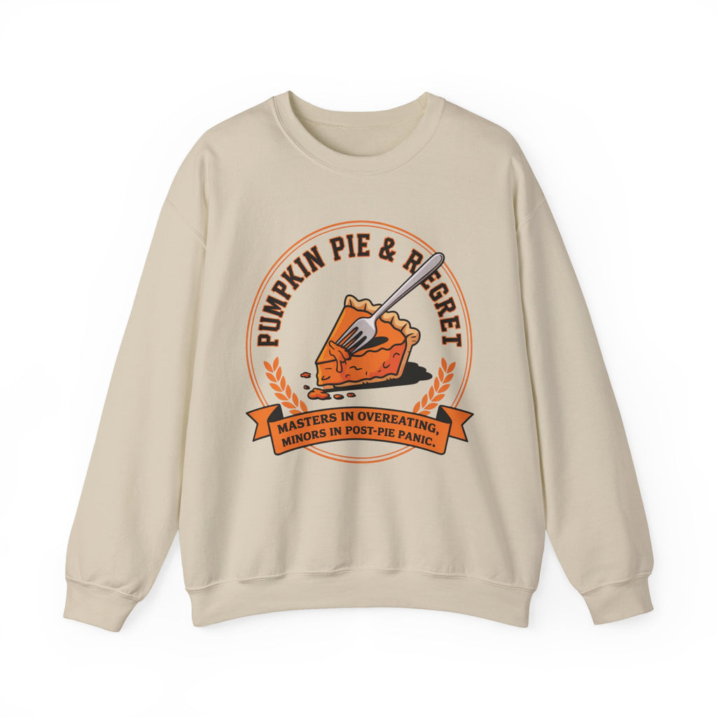 Beige sweatshirt with pumpkin pie graphic and text on a white background