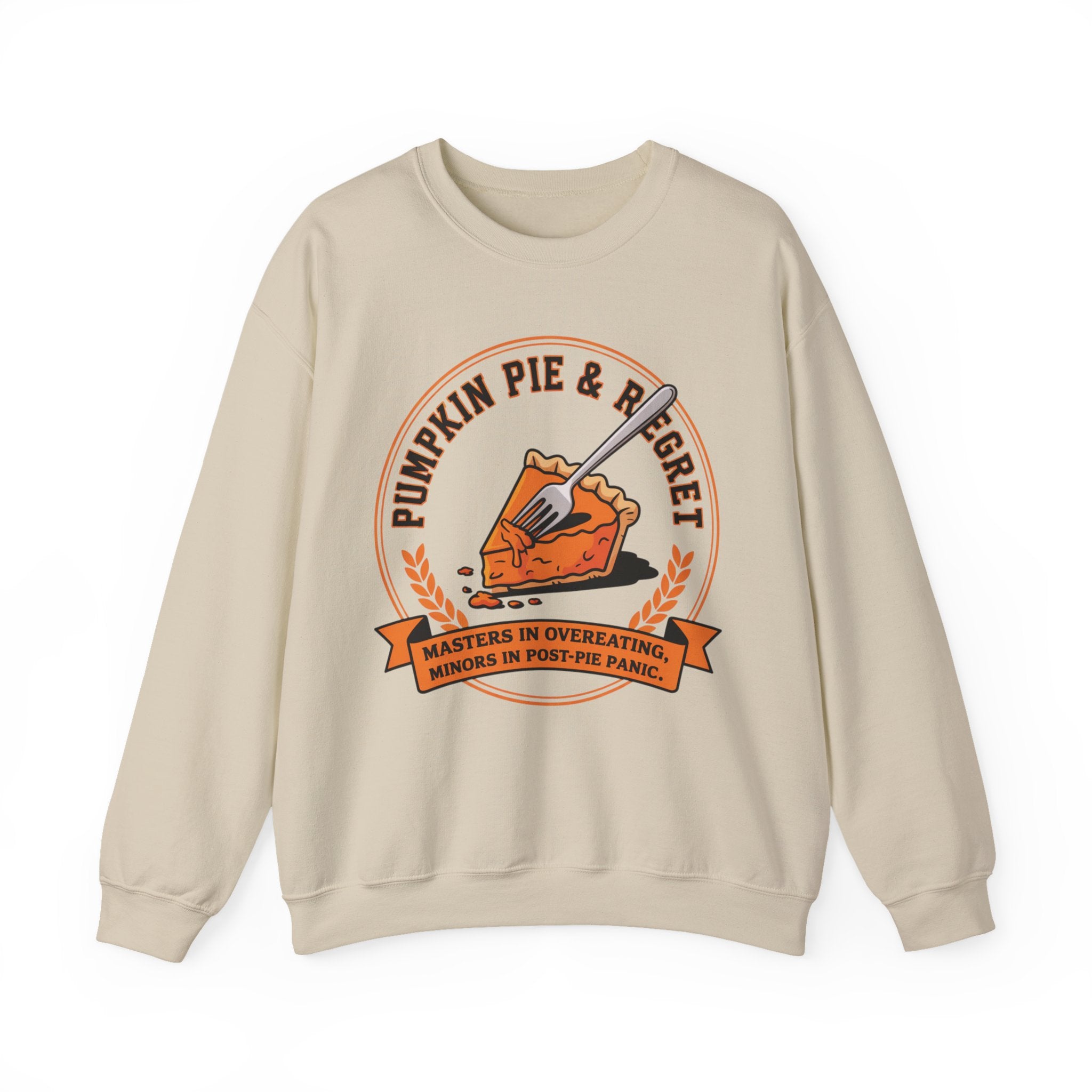 Beige sweatshirt with pumpkin pie graphic and text on a white background