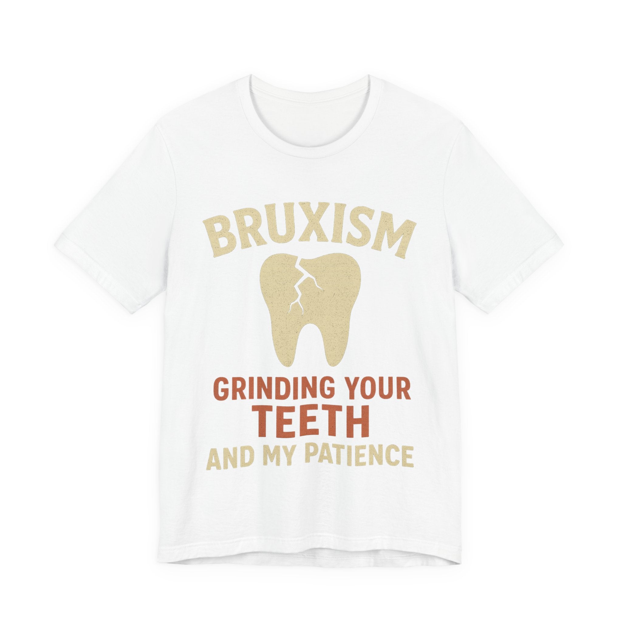 White t-shirt with gold and red text and graphic on a white background