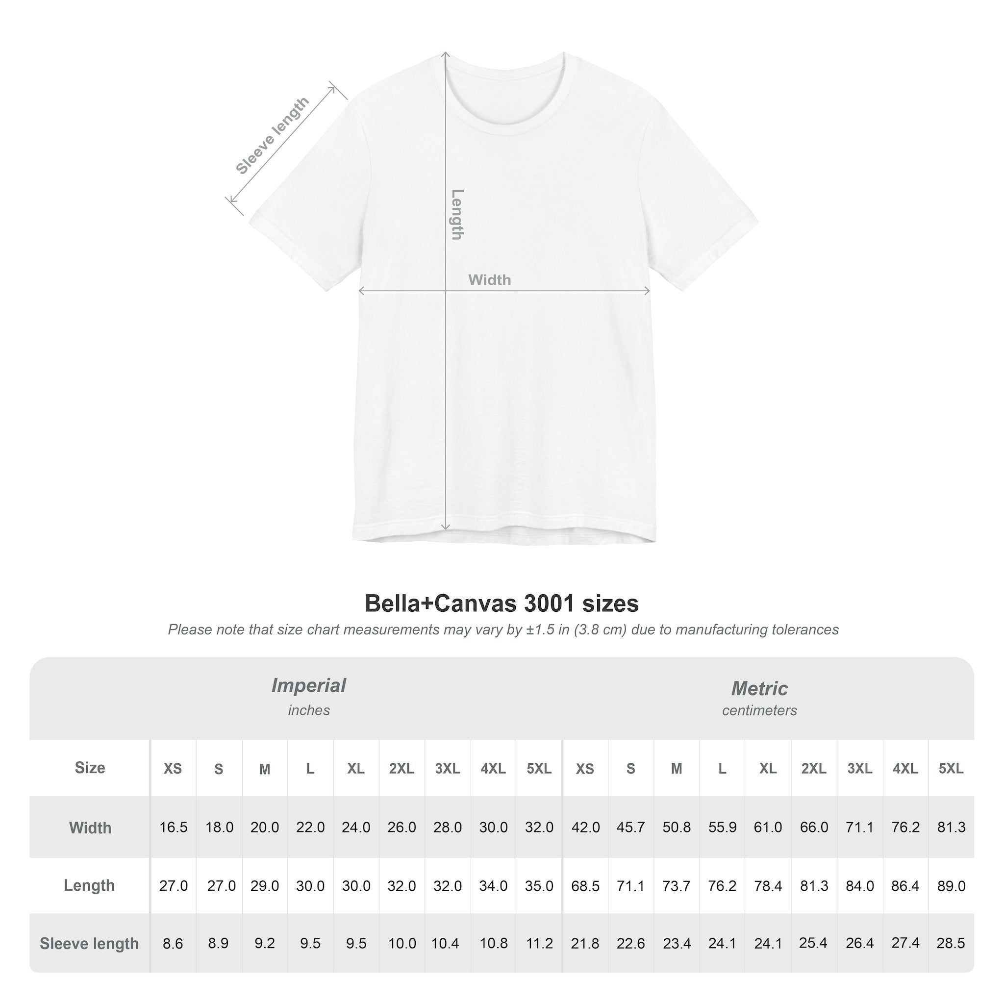 Gray t-shirt with measurement chart