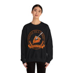Black sweatshirt with pumpkin pie graphic and text worn by a model on a white background